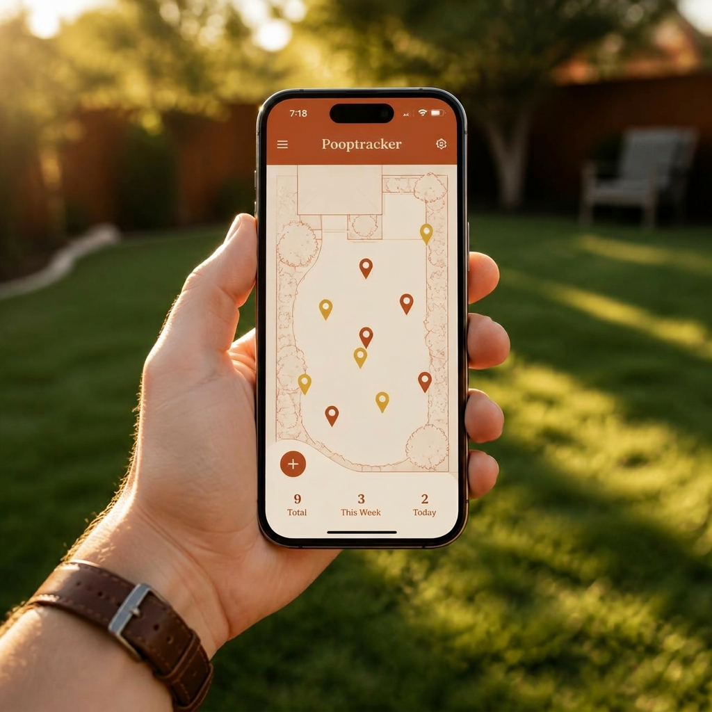 First-person view of a hand holding a phone showing the Pooptracker yard map in a sunlit backyard